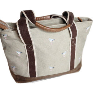 LL Bean Sand Piper Embroidered Tote Bag Purse Canvas w/ Leather Embelishments